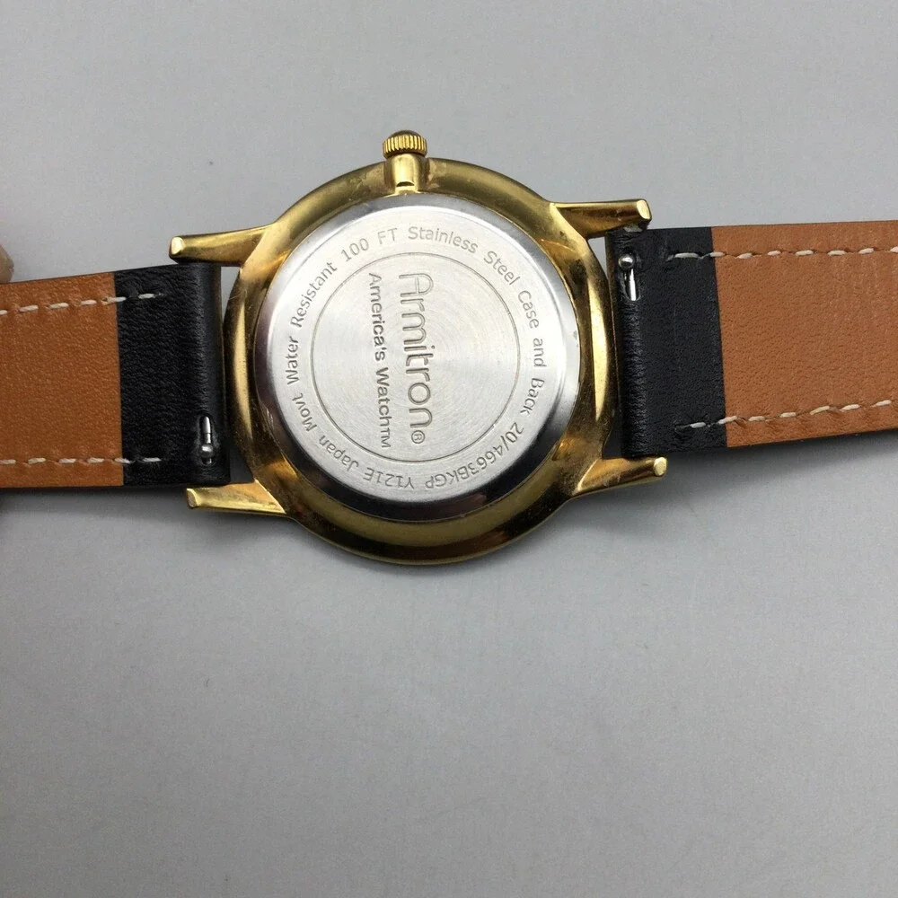 Armitron Mens Watch 37mm Black Dial Gold Tone Black Leather Band New Battery